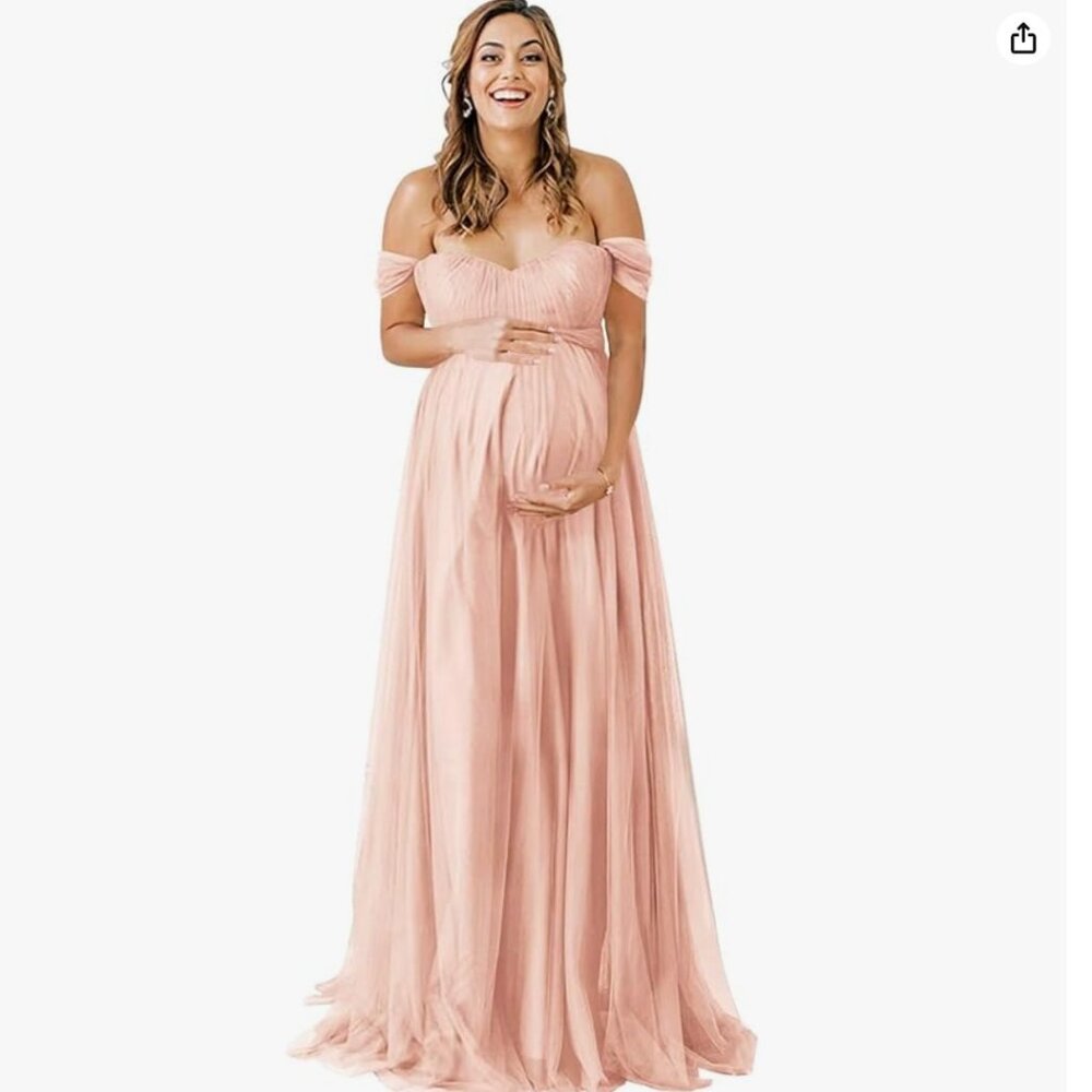 Blush Pink Tulle Off Shoulder Maternity Gown
